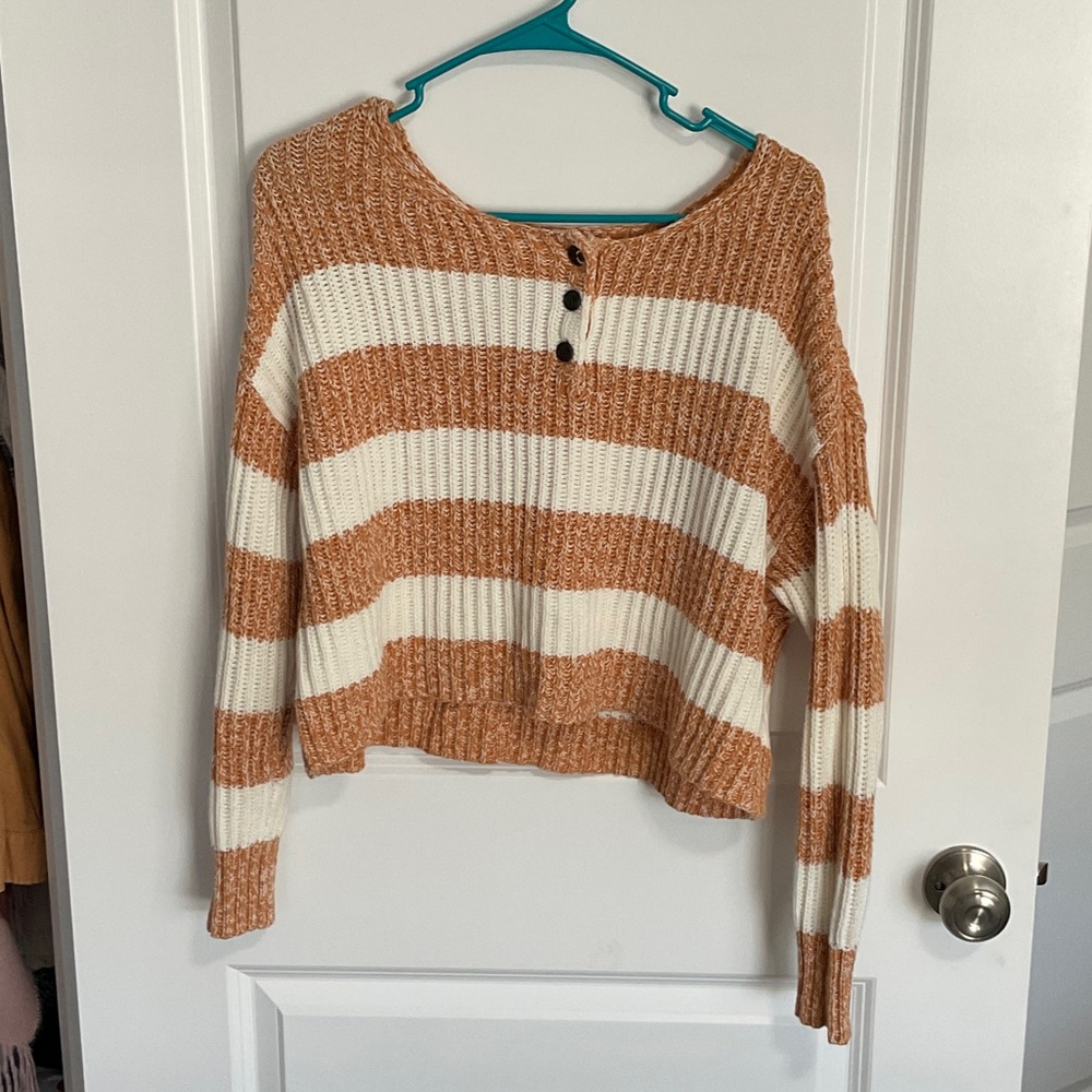 American Eagle Outfitters Striped Cropped Sweater in Cream & Tan